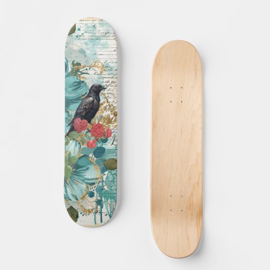 Distressed Teal Florals Raven & Roses Skateboard  (Voorkant)