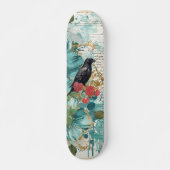 Distressed Teal Florals Raven & Roses Skateboard  (Voorkant)