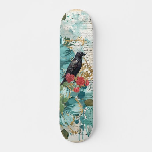 Distressed Teal Florals Raven & Roses Skateboard  (Voorkant)