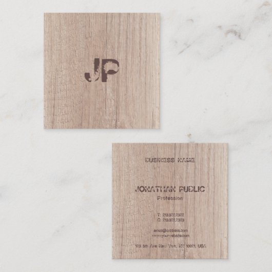 Distressed text Monogram Hout ziet er elegant uit Vierkante Visitekaartje (Voorkant / Achterkant)