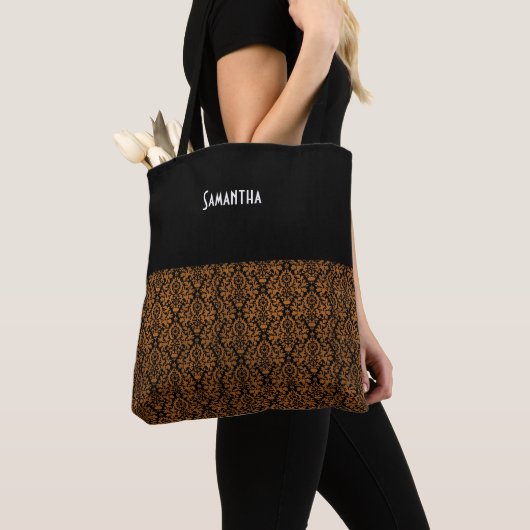 Distressed Victoriaans Sinaasappel Black Damask Na Tote Bag (Dichtbij)