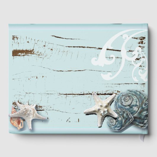 Distressed Wood Beach Blue zeeschelp bruiloft Gastenboek (Achterkant)