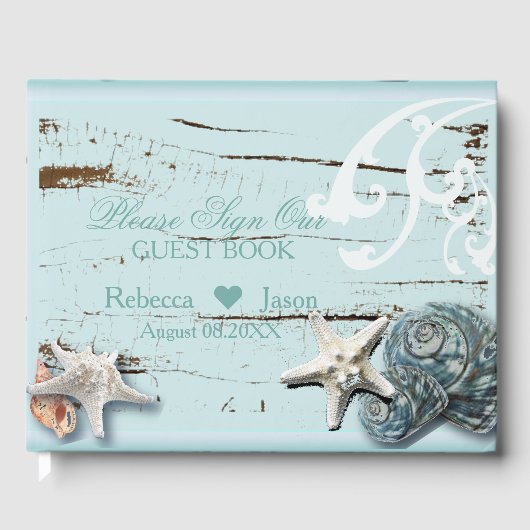 Distressed Wood Beach Blue zeeschelp bruiloft Gastenboek (Voorkant)