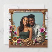 Distressed Wood en Steampunk Metal Wedding Kaart (Voorkant)