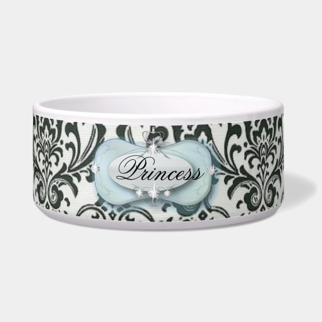 Distressed  zwart-wit damast voerbakje (Voorkant)