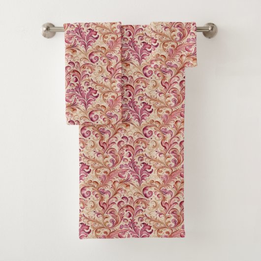 Disty Roos en Taupe Leaf Scroll Bad Handdoek (Insitu)
