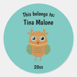Dit behoort tot Back to School Brown Owl Aqua Ronde Sticker