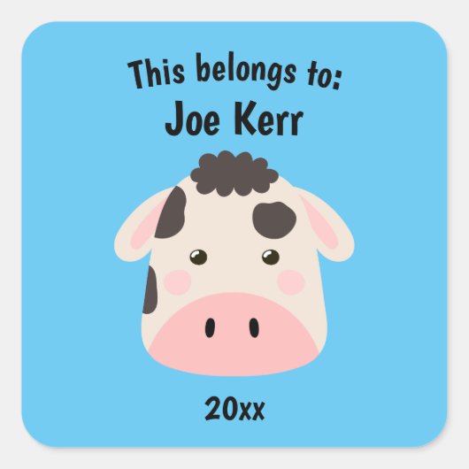 Dit behoort tot Back to School Cute Koe Blue Vierkante Sticker (Voorkant)