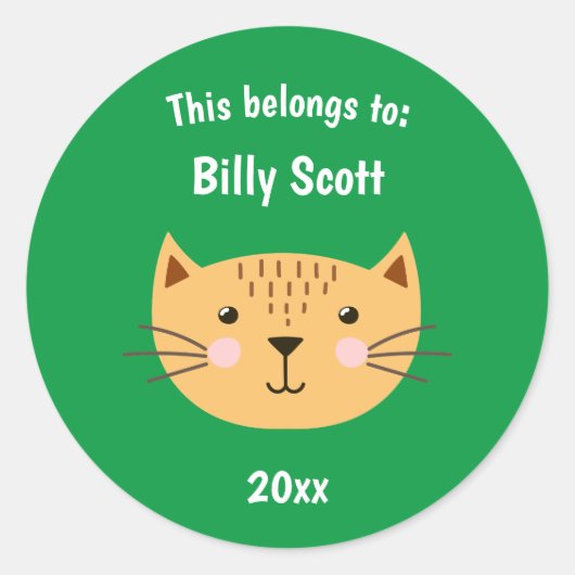 Dit behoort tot Back to School Kitty Cat Face Grn Ronde Sticker (Voorkant)