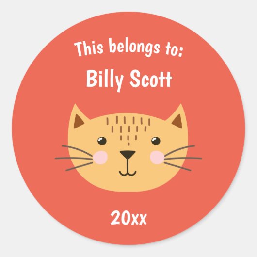 Dit behoort tot Back to School Kitty Face Red Ronde Sticker (Voorkant)