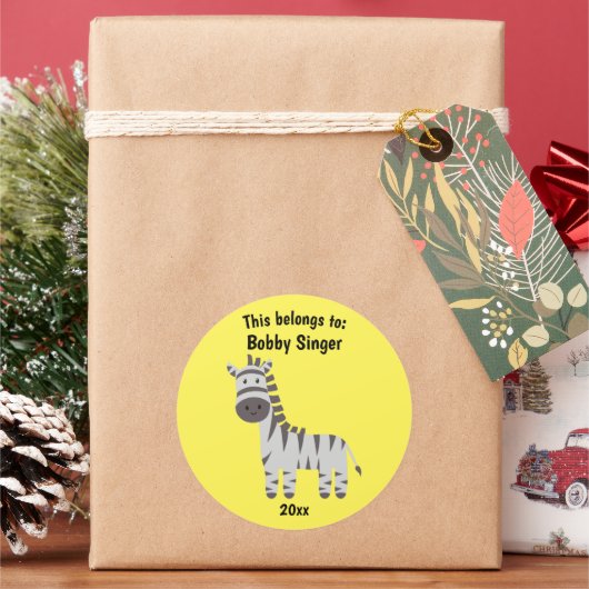 Dit behoort tot Back to School Leuke Zebra Geel Ronde Sticker (Feestdagen)