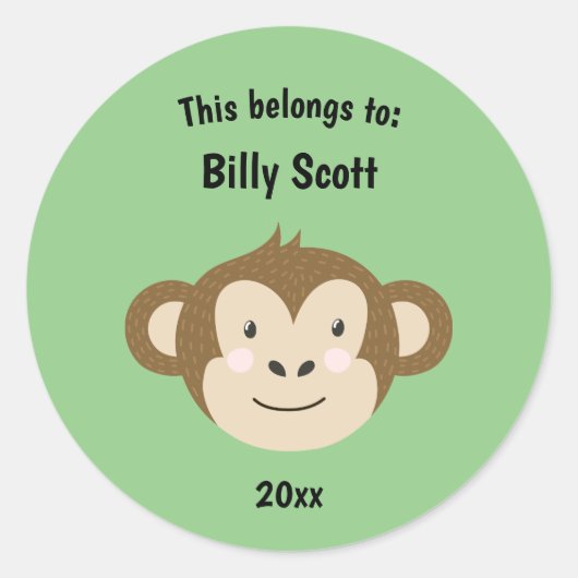 Dit behoort tot Back to School Monkey Face Green Ronde Sticker (Voorkant)