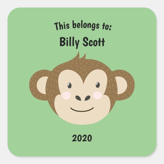 Dit behoort tot Back to School Monkey Face Green Vierkante Sticker (Voorkant)