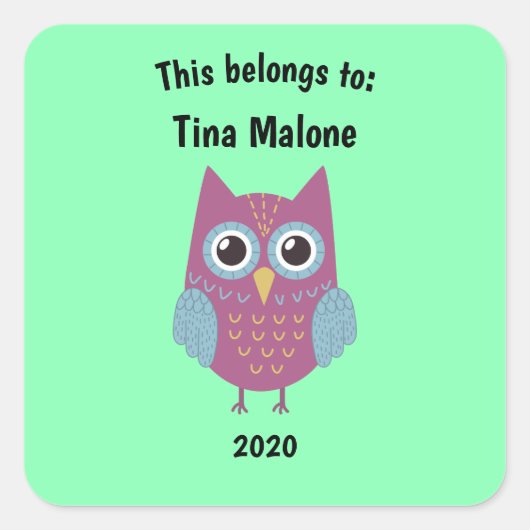 Dit behoort tot Back to School Paars Owl Green Vierkante Sticker (Voorkant)