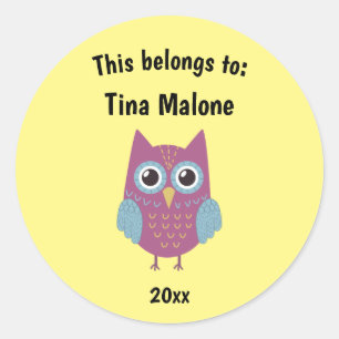 Dit behoort tot Back to School Paars Owl Yellow Ronde Sticker