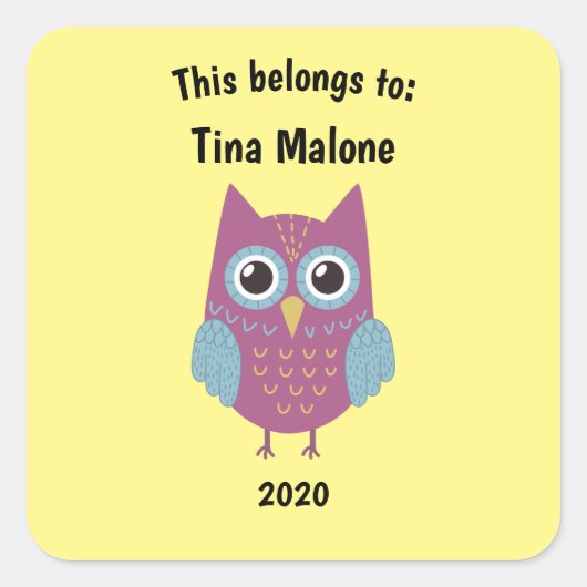 Dit behoort tot Back to School Paars Owl Yellow Vierkante Sticker (Voorkant)