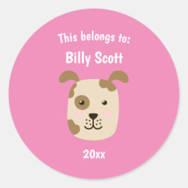 Dit behoort tot Back to School Puppy Dog Face Pink Ronde Sticker