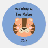 Dit behoort tot Back to School Tiger Face Blue Ronde Sticker (Voorkant)
