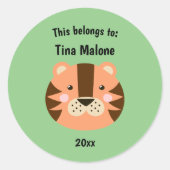 Dit behoort tot Back to School Tiger Face Green Ronde Sticker (Voorkant)