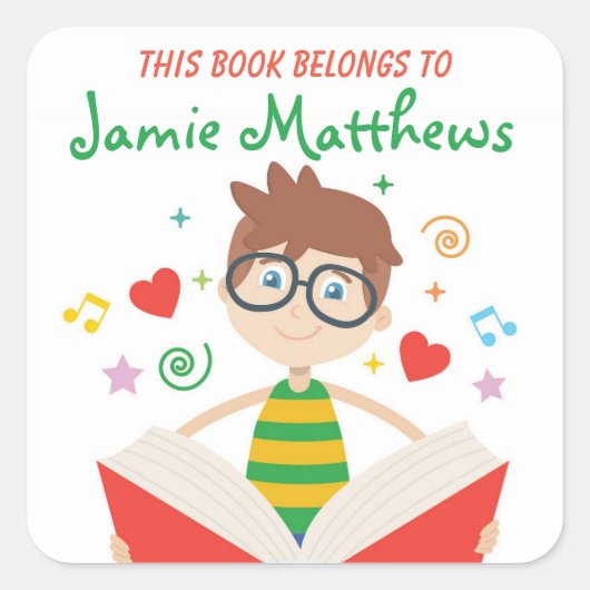 Dit boek is van Cartoon Boy Reading Vierkante Sticker (Voorkant)