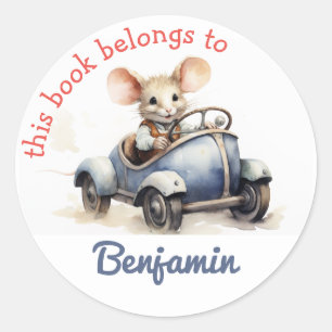 Dit boek is van - Cute Mouse in een auto kinderen Ronde Sticker