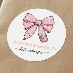 Dit boek is van Pink Cute School Pencil Bow Ronde Sticker