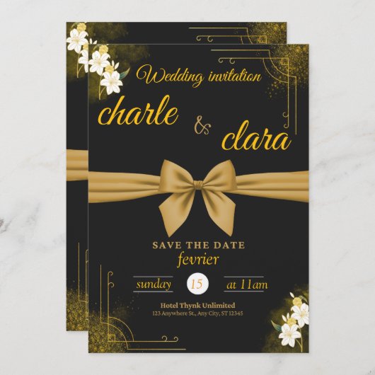 Dit bruiloftsuitnodigingsontwerp met zwart en goud kaart (Voorkant / Achterkant)