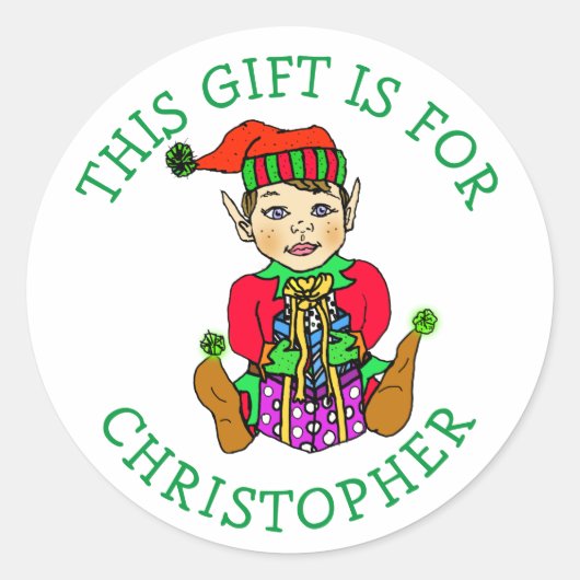 Dit cadeau is voor, jongen Elf met cadeau Ronde Sticker (Voorkant)