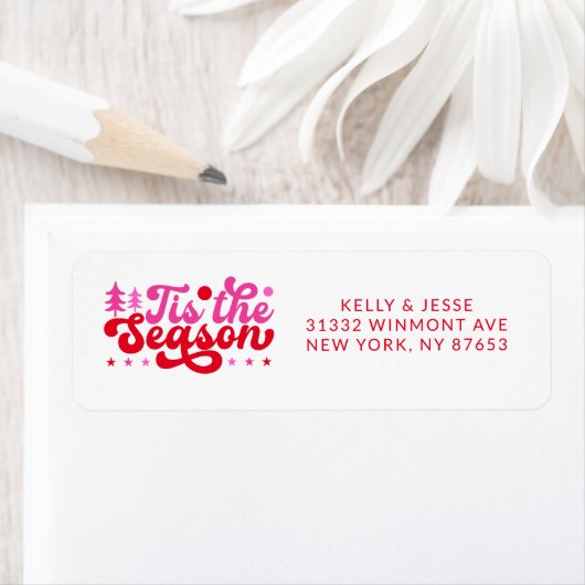 Dit het seizoen Roze & Rood Retro Kerst Adres Etiket (Insitu)