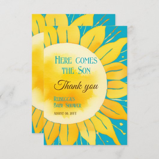 Dit is het Baby shower van Son Boy Blue Sunshine Bedankkaart (Voorkant / Achterkant)
