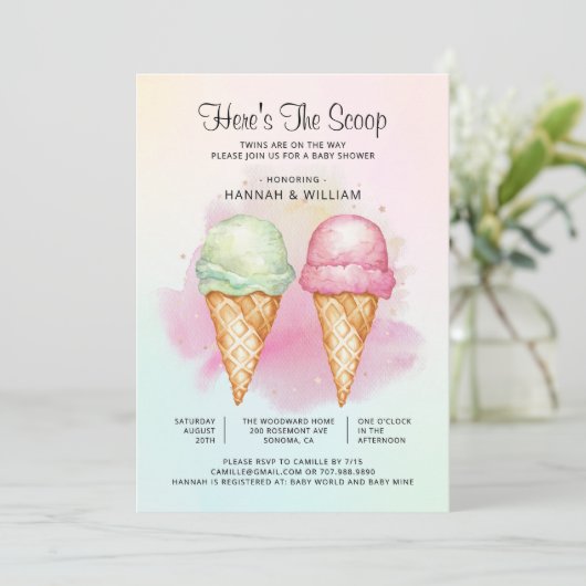 Dit is het Scoop Twin Boy Girl Baby shower Kaart (Staand voorkant)