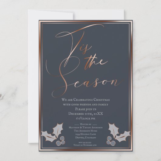 Dit is het seizoen blauw en koperen kerstfeest kaart (Voorkant)