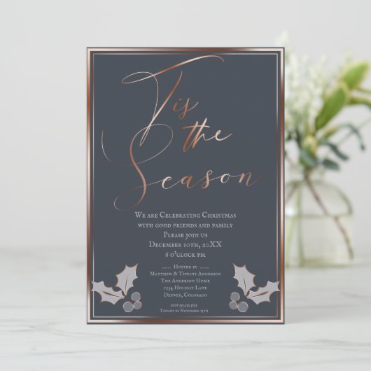 Dit is het seizoen blauw en koperen kerstfeest kaart (Staand voorkant)