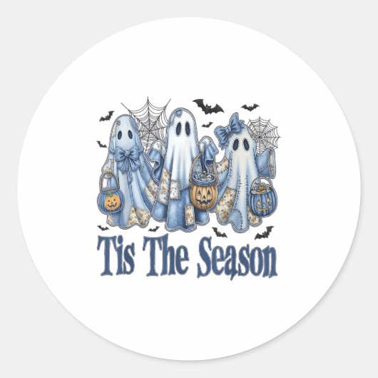 Dit is het seizoen Blue Patchwork Ghost Pumpkin Sp Ronde Sticker (Voorkant)