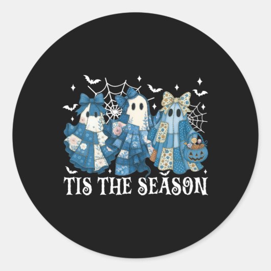 Dit is het seizoen Blue Patchwork Ghost Pumpkin Sp Ronde Sticker (Voorkant)