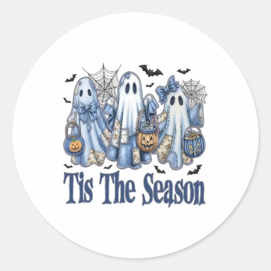 Dit is het seizoen Blue Patchwork Ghost Pumpkin Sp Ronde Sticker (Voorkant)