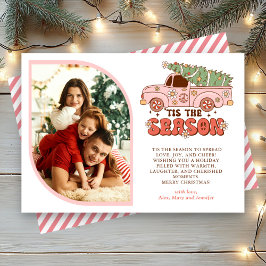 Dit is het seizoen Groovy Pink Truck Foto Kerstmis Feestdagenkaart