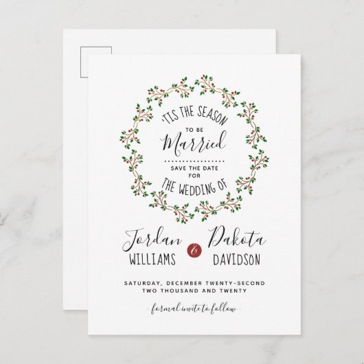 Dit is het seizoen | Kerst bruiloft save the date Aankondigingskaart (Voorkant / Achterkant)