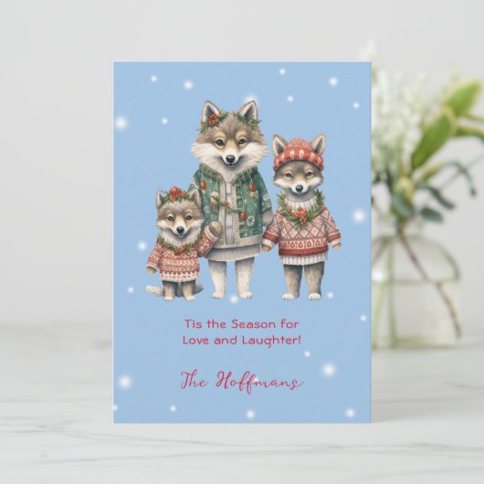 Dit is het seizoen kerstdieren wolven Schattige Feestdagenkaart (Staand voorkant)