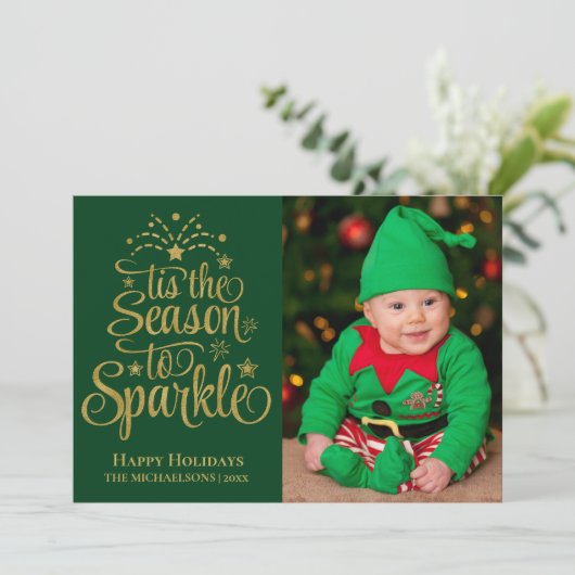 Dit is het seizoen naar Sparkle Green Gold Foto Feestdagenkaart (Staand voorkant)