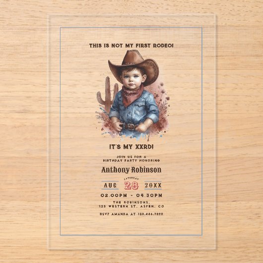 "Dit is niet mijn eerste rodeo" Rustieke Westerne  Acryl Uitnodigingen (Voorkant)