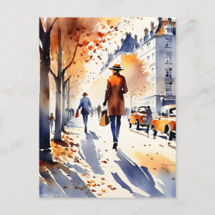 Dit urban art aquarel schilderij is een herfst briefkaart