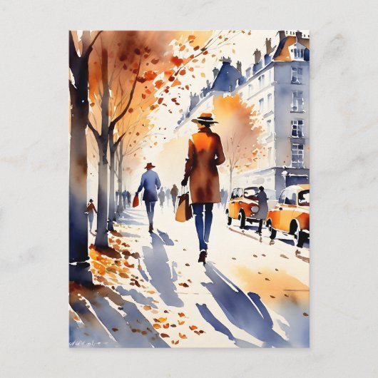 Dit urban art aquarel schilderij is een herfst briefkaart (Voorkant)