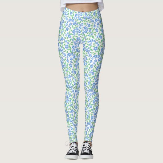  Ditsy Blue White Periwinkle Floral Leggings (Voorkant)