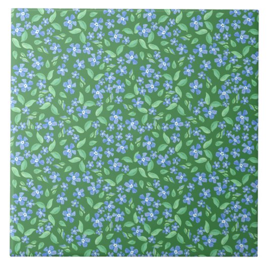 Ditsy Bright Blue Periwinkles op Green Floral Tegeltje (Voorkant)