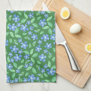 Ditsy Bright Blue Periwinkles op Green Floral Theedoek