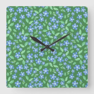Ditsy Bright Blue Periwinkles op Green Floral Vierkante Klok