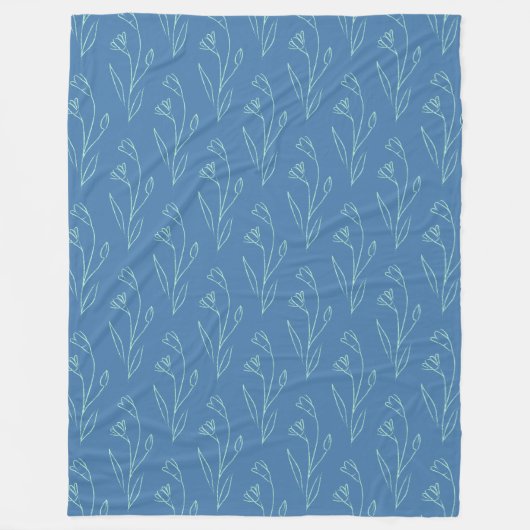 Ditsy Dainty Boho Floral Line Art Tekenen in blauw Fleece Deken (Voorkant)