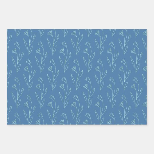 Ditsy Dainty Boho Floral Line Art Tekenen in blauw Inpakpapier Vel (Voorkant 3)