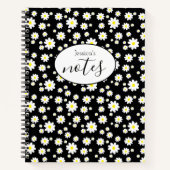 Ditsy Daisy Flower Pattern Aangepaste Naam Zwart Notitieboek (Voorkant)